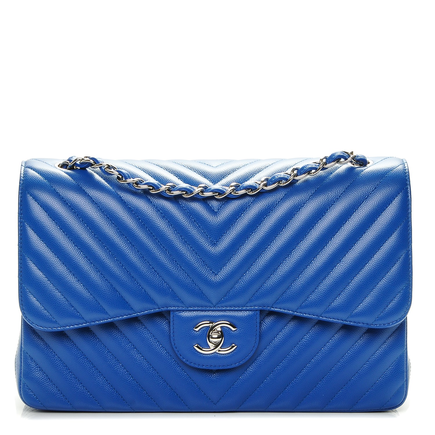 CHANEL Caviar Chevron Quilted Jumbo Double Flap Bright Blue 198808 ...