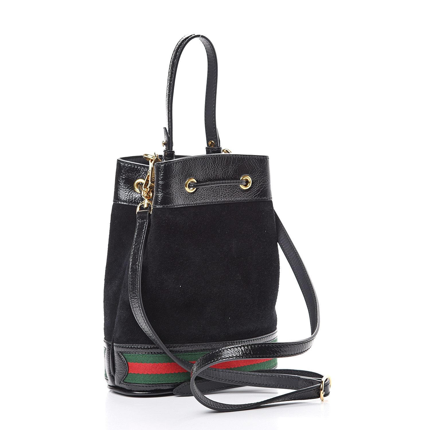 Gucci Suede Patent Web Small Ophidia Bucket Bag Black 570111 9450