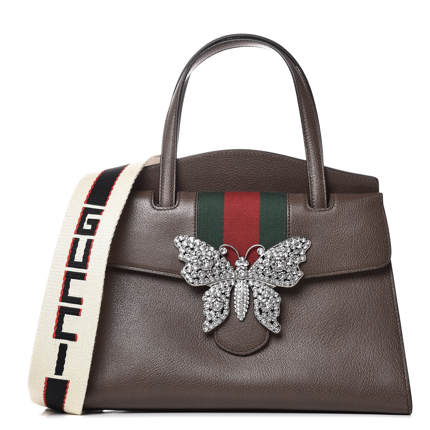 GUCCI Grained Calfskin Web Butterfly Totem Medium Top Handle Bag Brown ...