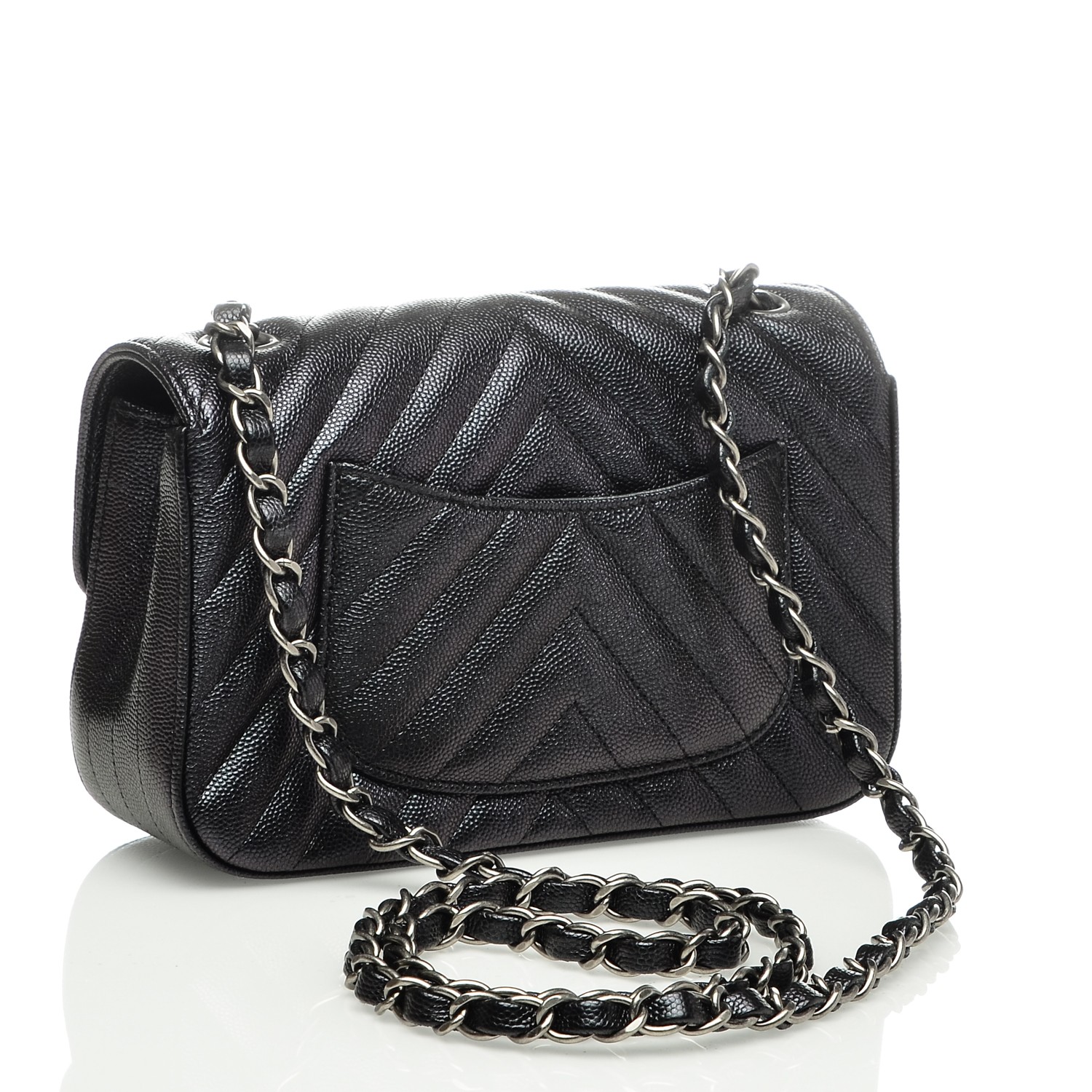 CHANEL Caviar Chevron Quilted Mini Rectangular Flap Black 193511