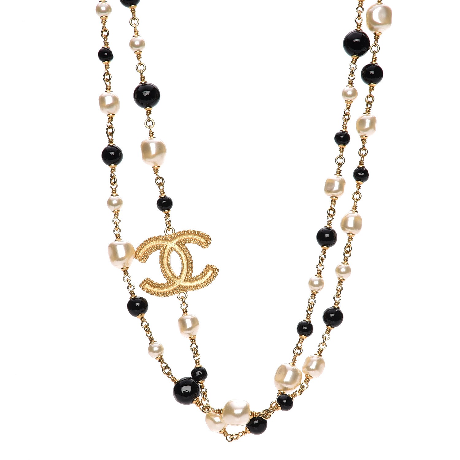 CHANEL Pearl Bead CC Long Necklace Black Gold 204627