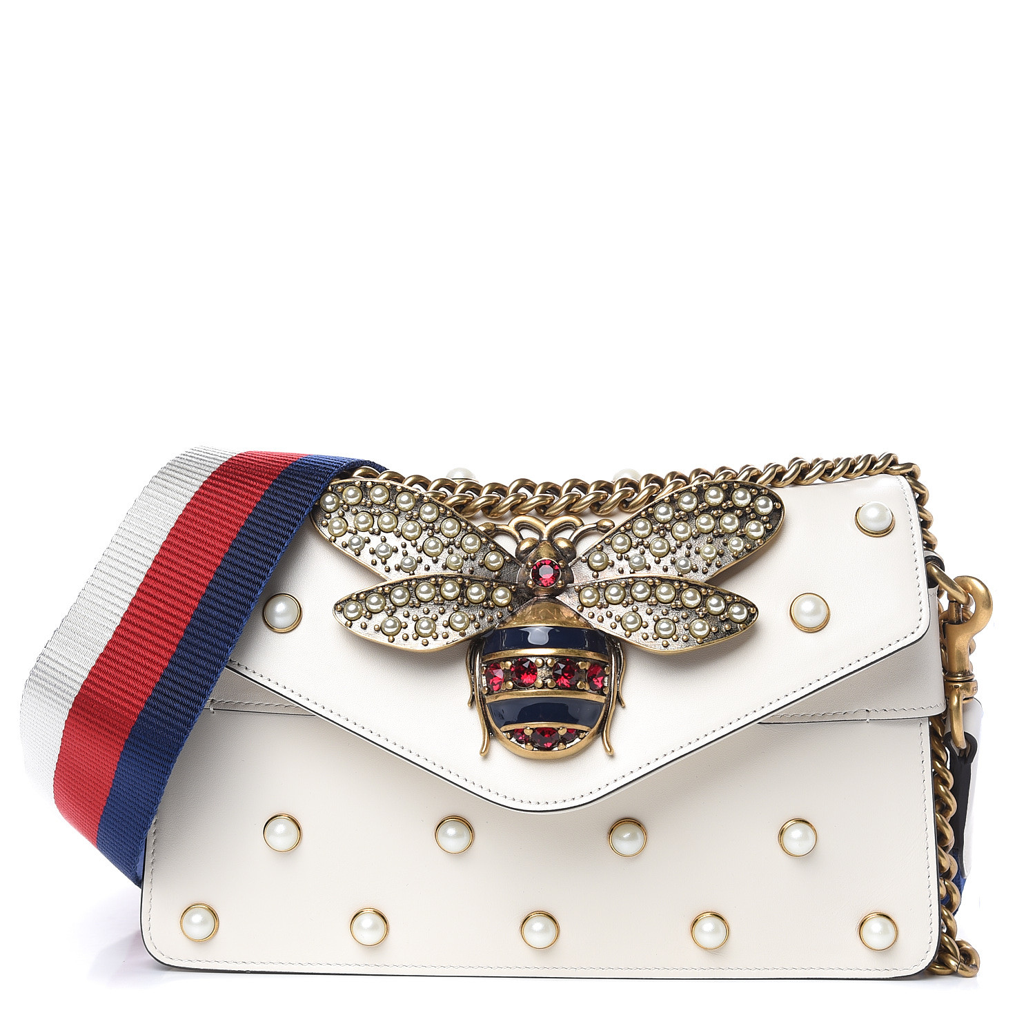 GUCCI Calfskin Pearl Studded Mini Broadway Bee Shoulder Bag White 492341