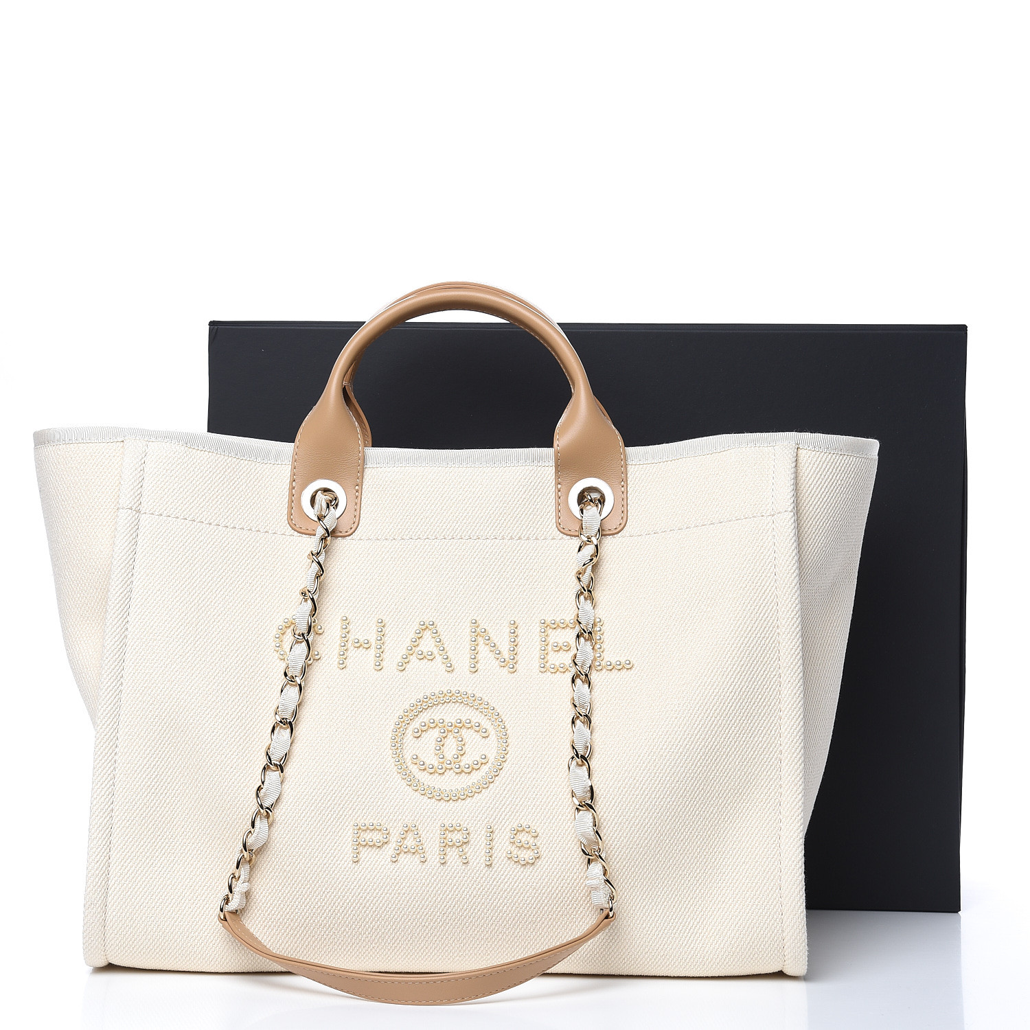 CHANEL Canvas Pearl Large Deauville Tote Ecru Beige 493640 | FASHIONPHILE