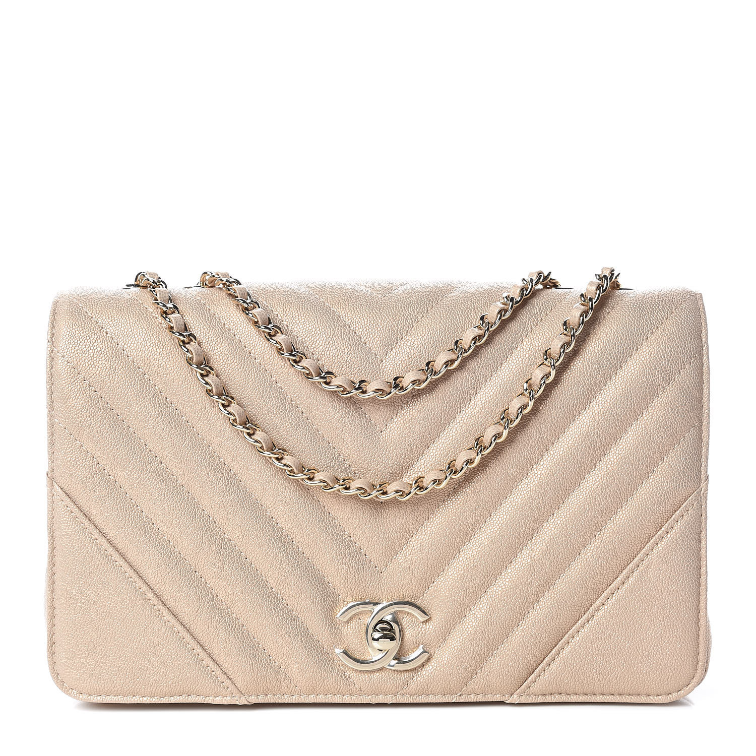 CHANEL Metallic Caviar Chevron Quilted Medium Statement Flap Beige 402053