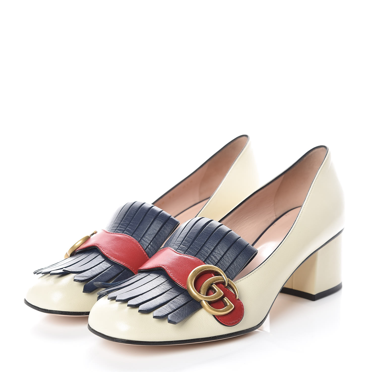 GUCCI Malaga Kid GG Marmont Fringe Loafer Pumps 39 Vintage White Blue ...