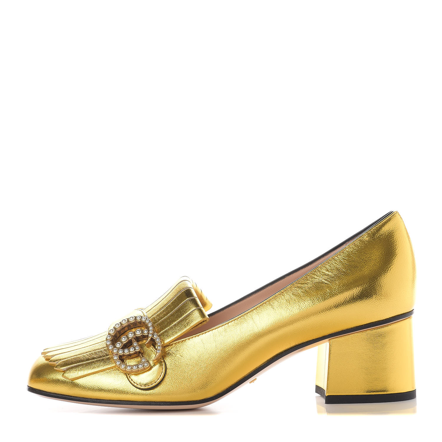 GUCCI Metallic Pearl Marmont Fringe Loafer Pumps 37.5 Gold 607156