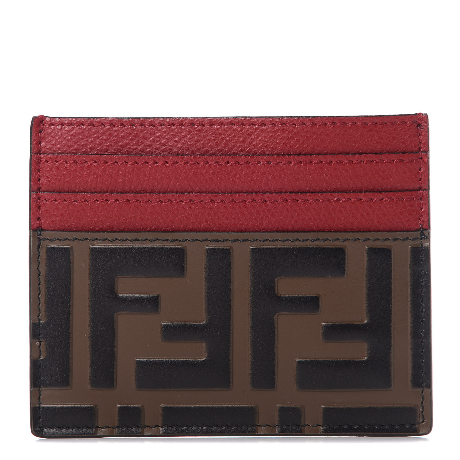 FENDI Calfskin FF 1974 Embossed Card Holder Maya Black Red 608524