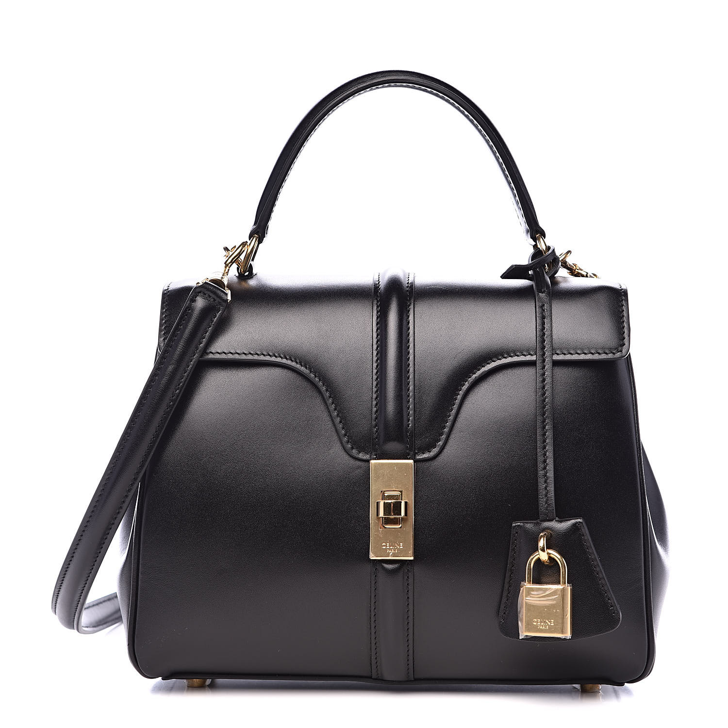 CELINE Satinated Calfskin Small 16 Top Handle Bag Black 512365