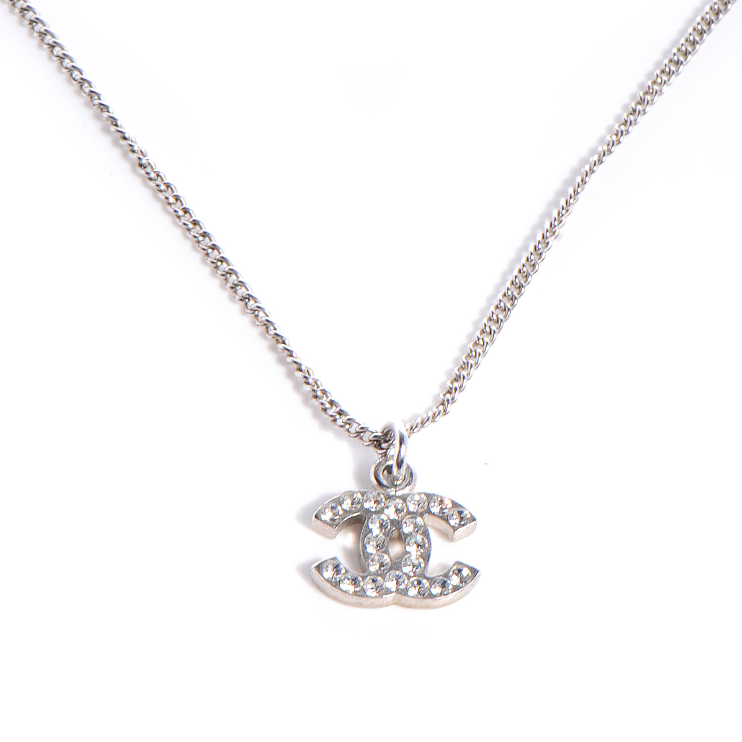 CHANEL Crystal CC Necklace Silver 66384