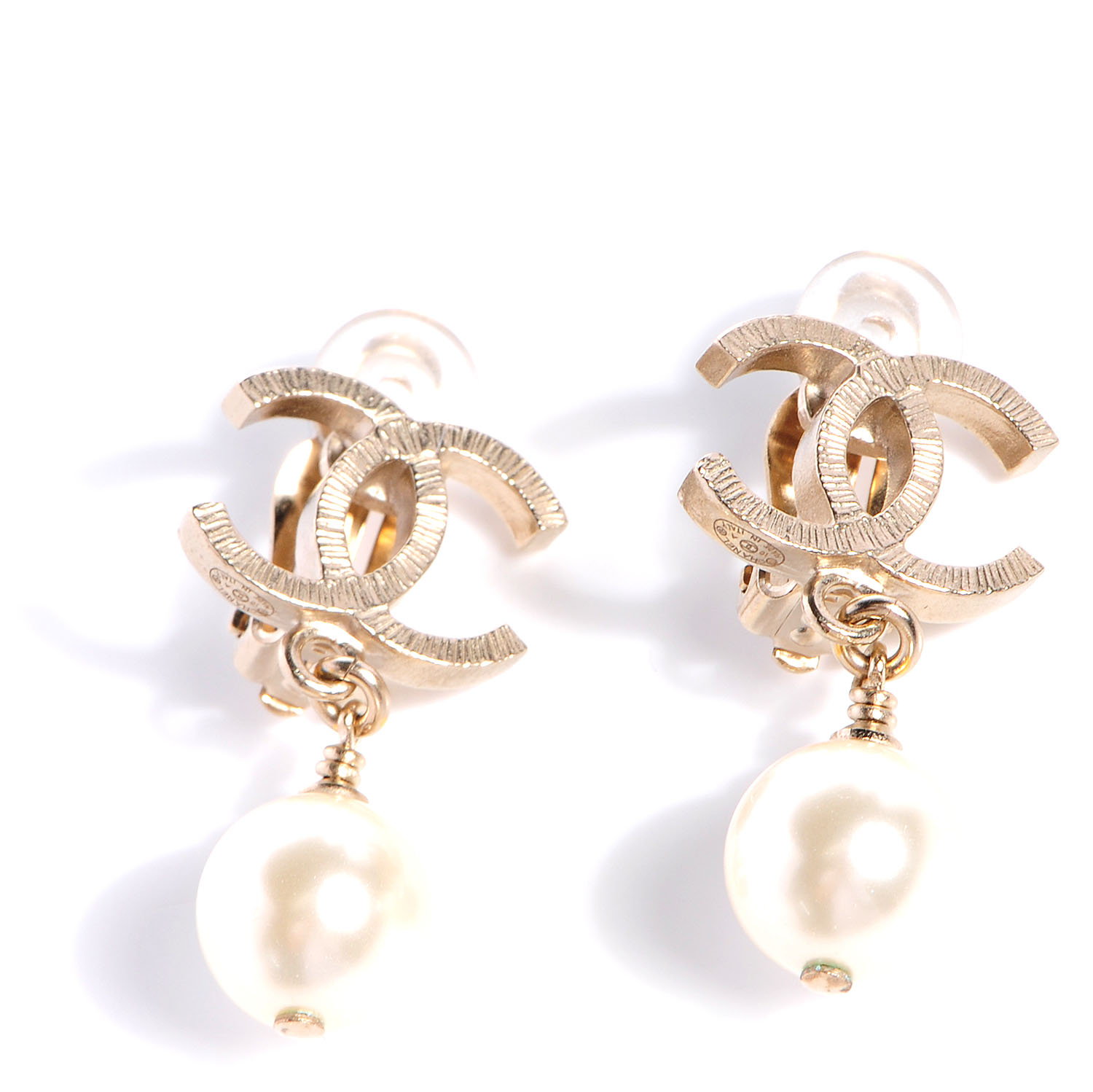 CHANEL CC Pearl Drop Clip On Earrings Light Gold 75750