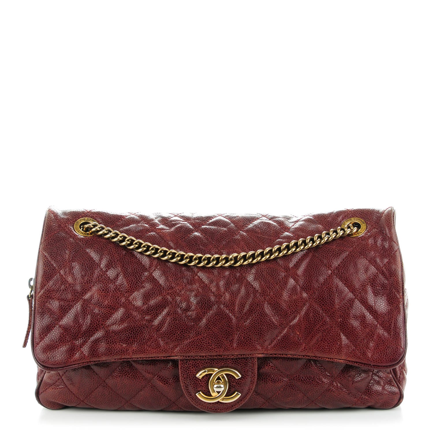 CHANEL Crumpled Grained Calfskin Quilted Large Shiva Flap Burgundy 146958