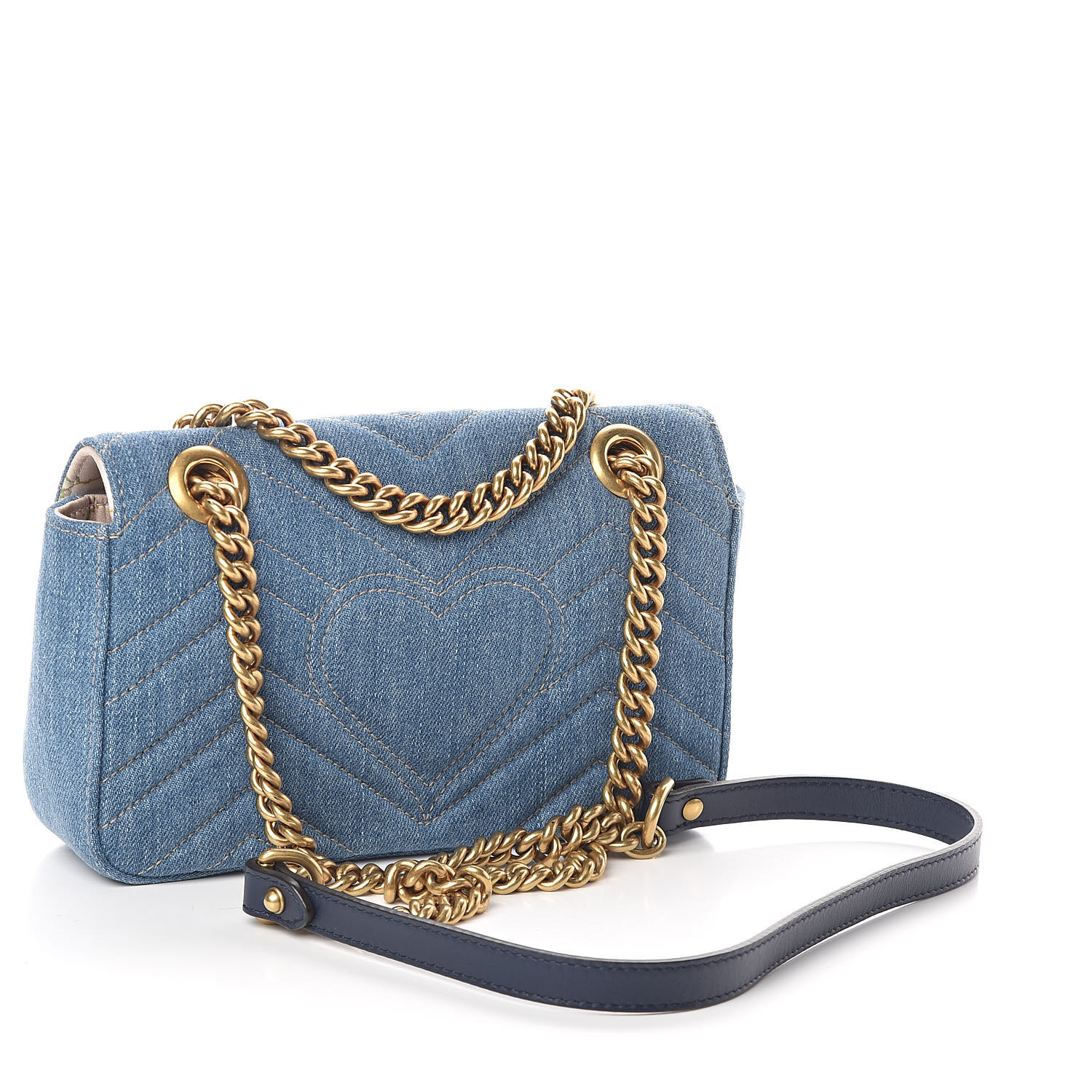 GUCCI Denim Matelasse Pearl Studded Mini GG Marmont Chain Shoulder Bag ...