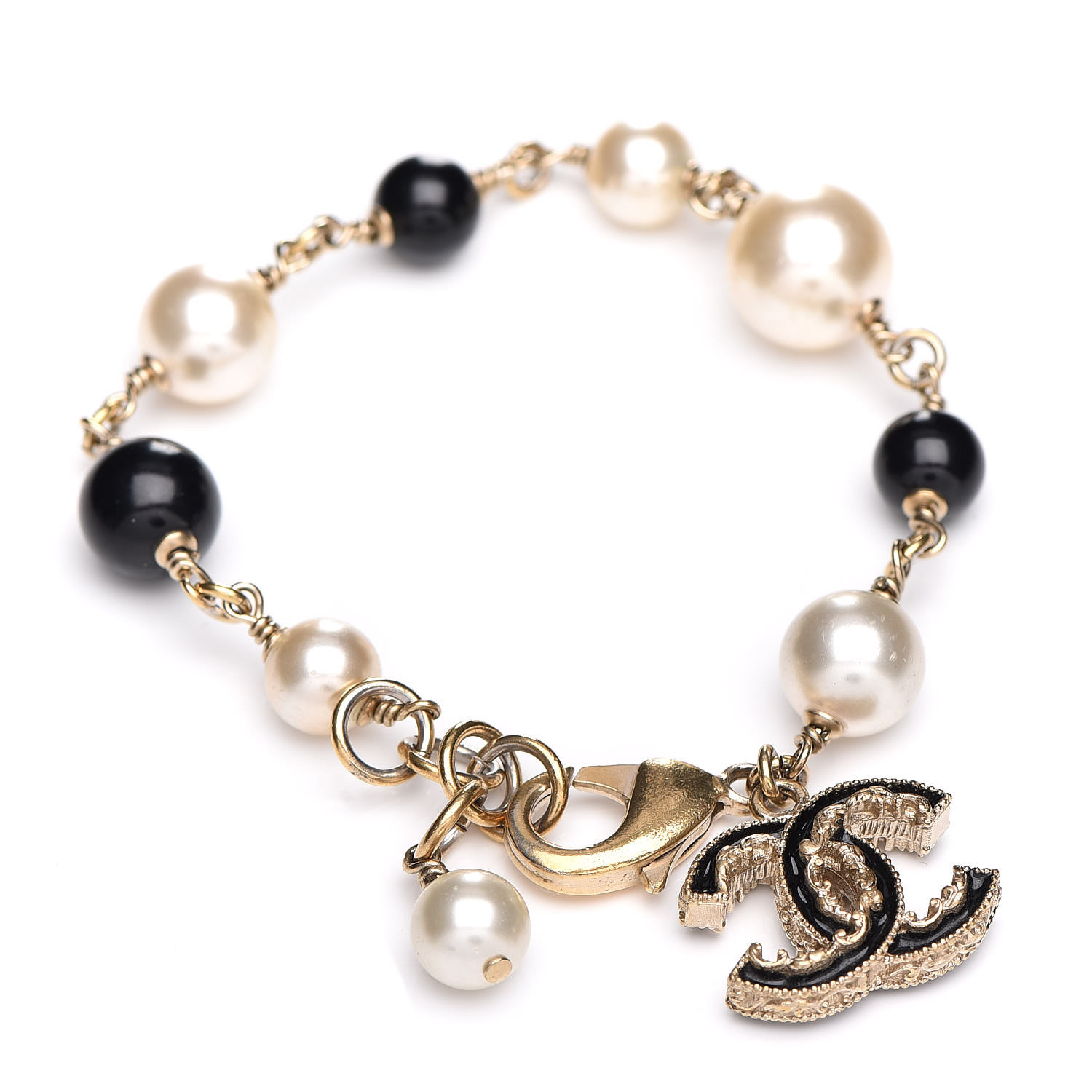 CHANEL Enamel Pearl Beaded CC Bracelet Gold Black 408968