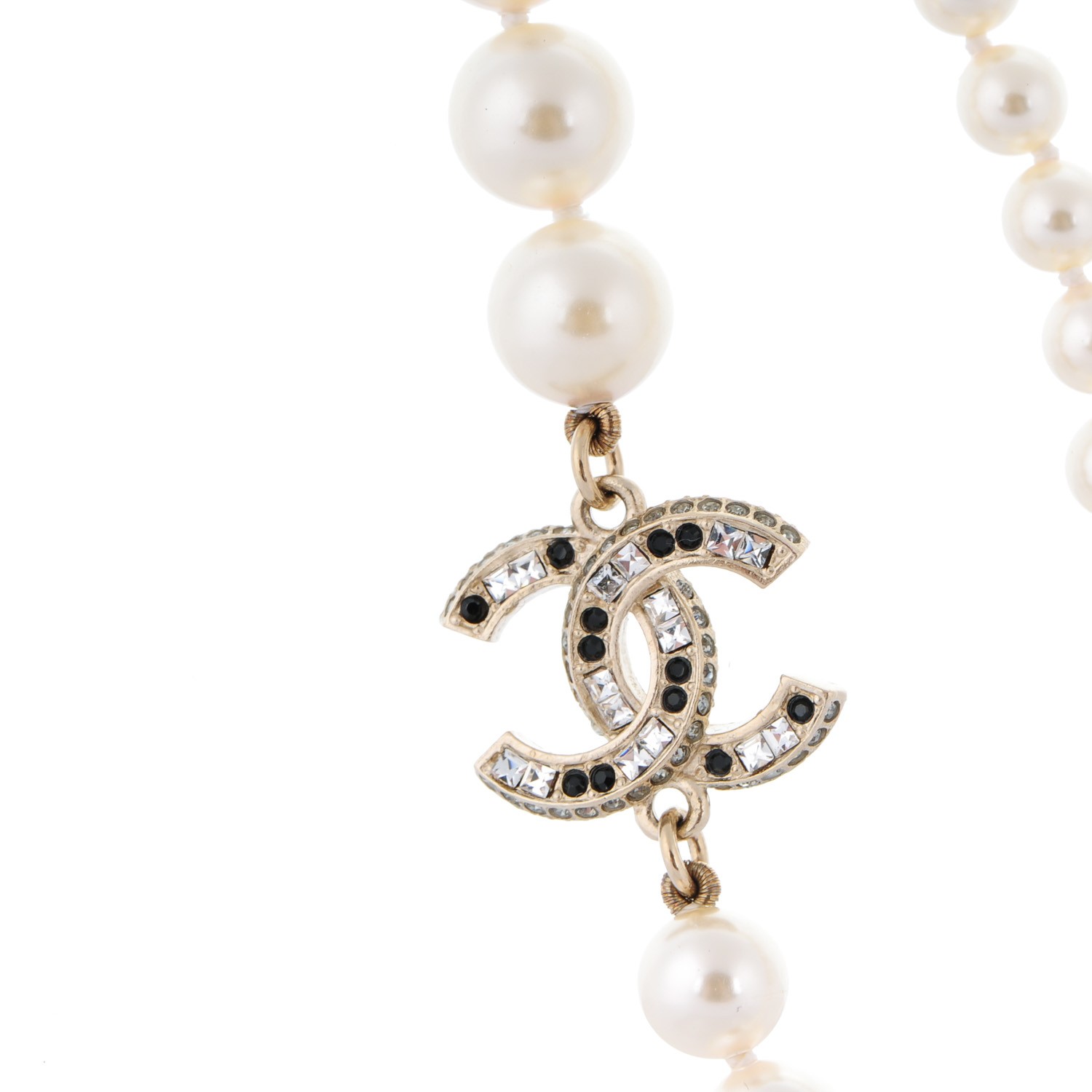 CHANEL Graduated Pearl Crystal CC Long Necklace Gold Black 161457