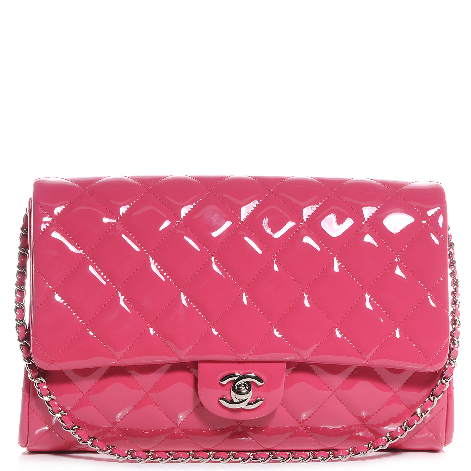 CHANEL Patent Quilted Clutch with Chain Flap Pink 60766