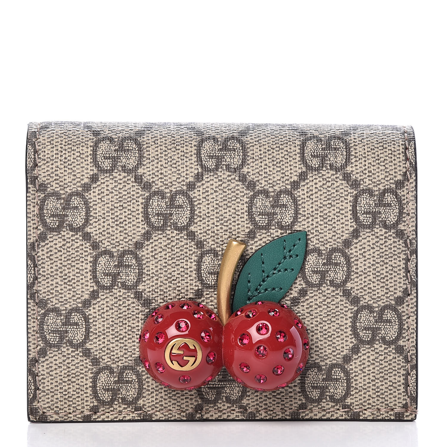 GUCCI GG Supreme Monogram Cherry Embellished Card Case Wallet Hibiscus ...