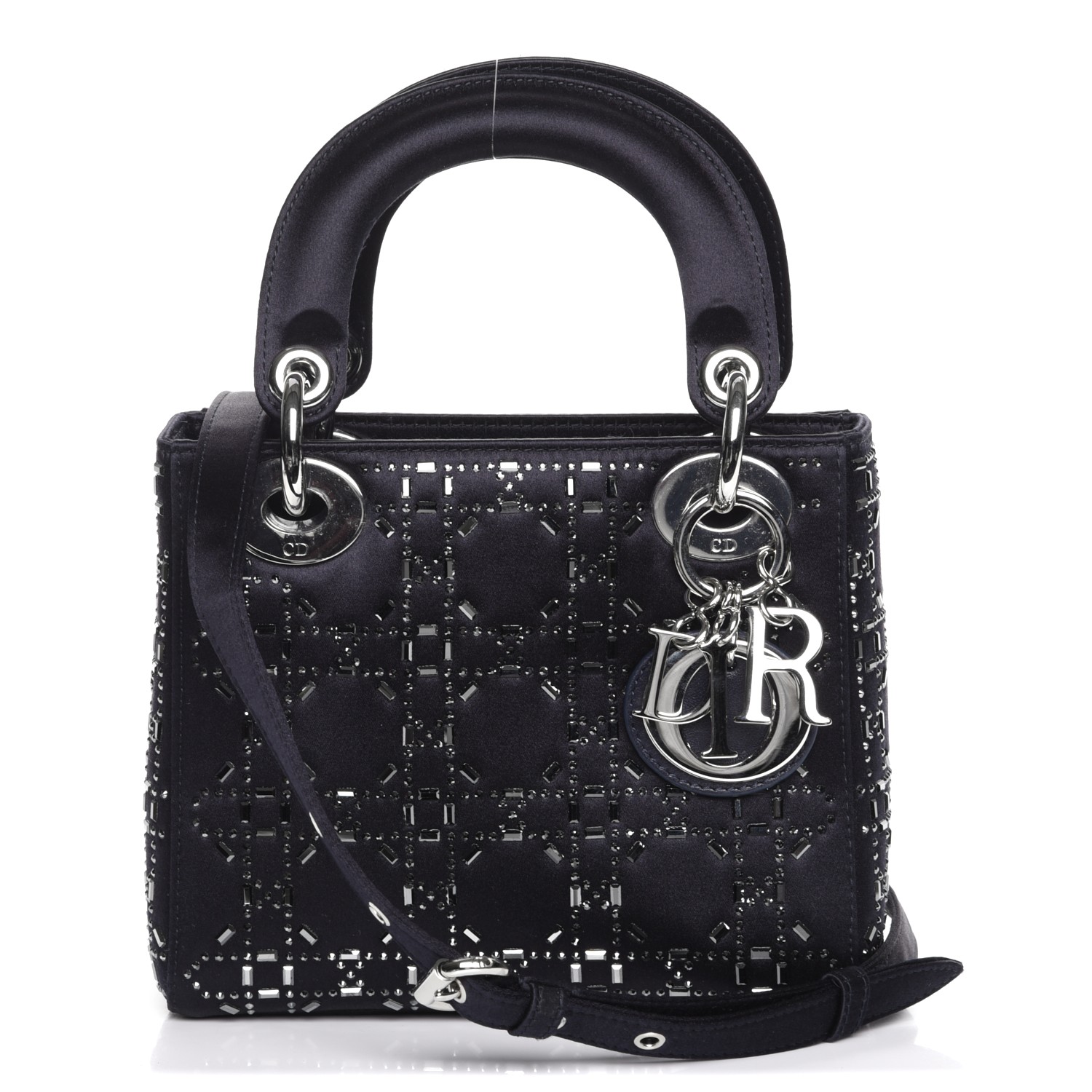 CHRISTIAN DIOR Satin Crystal Cannage Mini Lady Dior Navy 215881