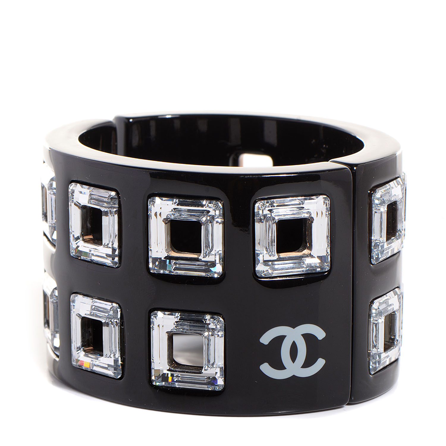 CHANEL Resin Baguette Crystal CC Cuff Black 88988