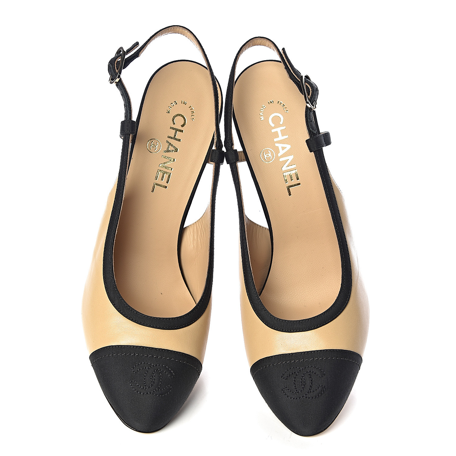 CHANEL Lambskin Grosgrain Cap Toe CC Slingback Pumps 39.5 Beige Black ...