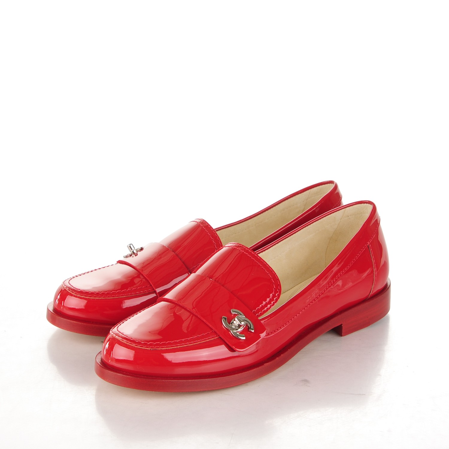 CHANEL Patent CC Loafers 36.5 Red 169731