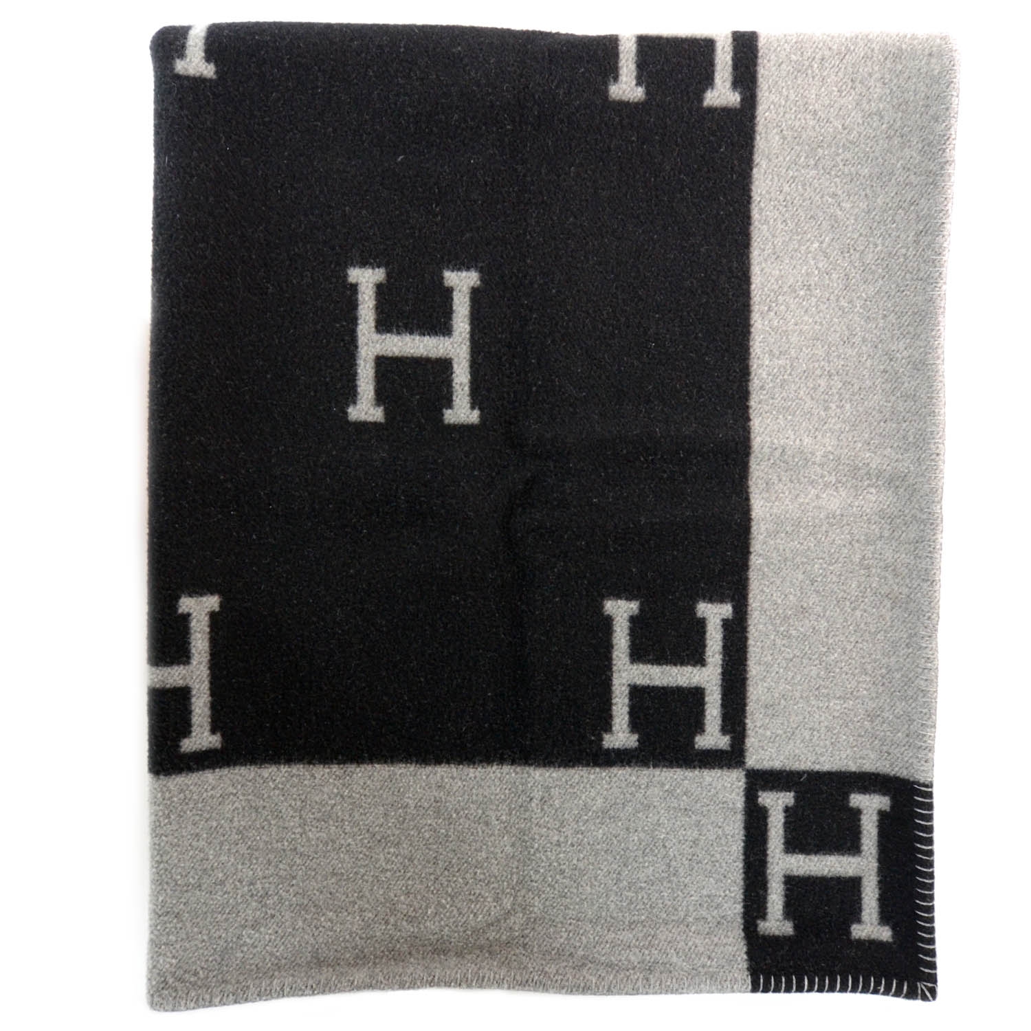 HERMES Wool Cashmere Signature Avalon Blanket Black 38039