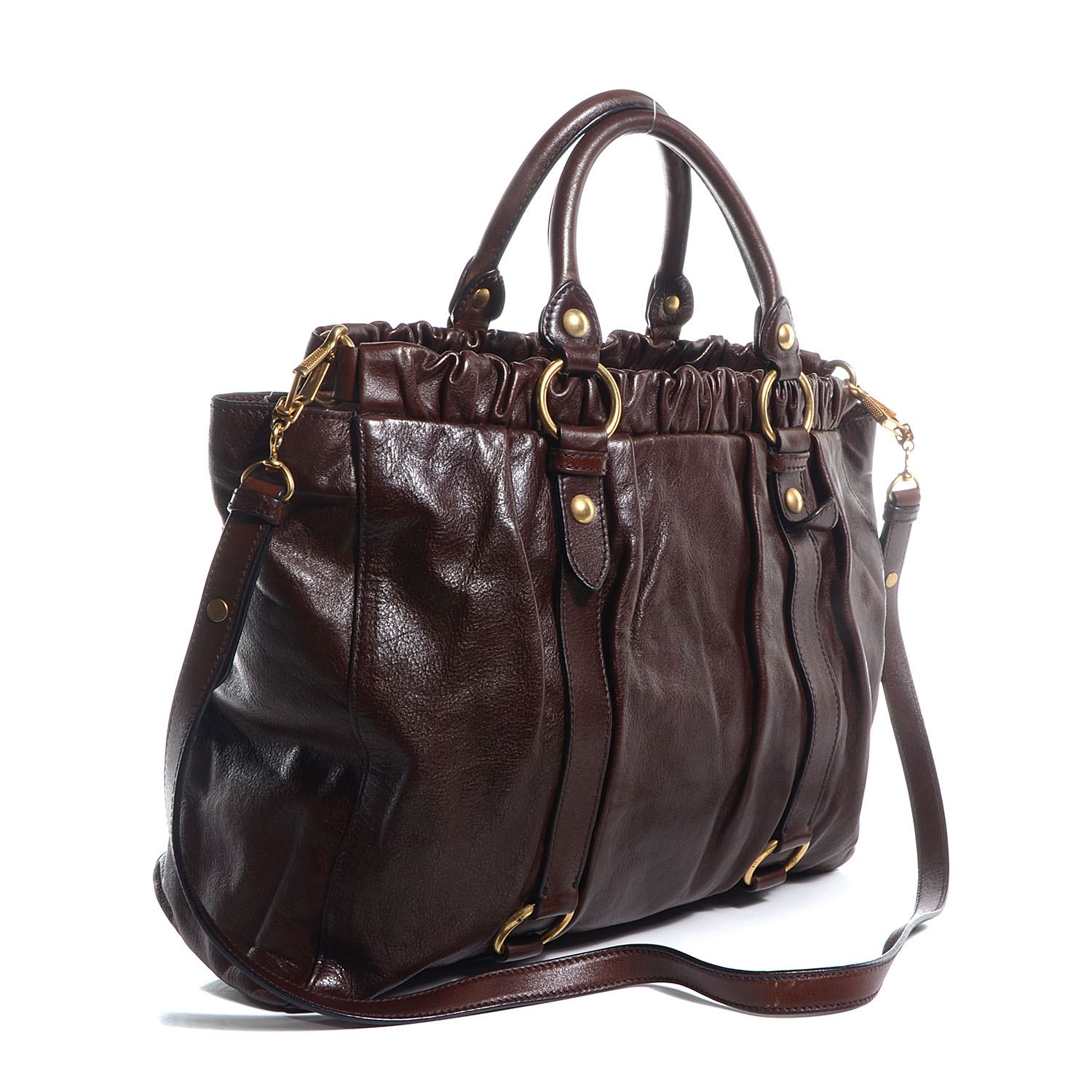 MIU MIU Leather Vitello Lux Gathered Shopper Tote Brown 84596