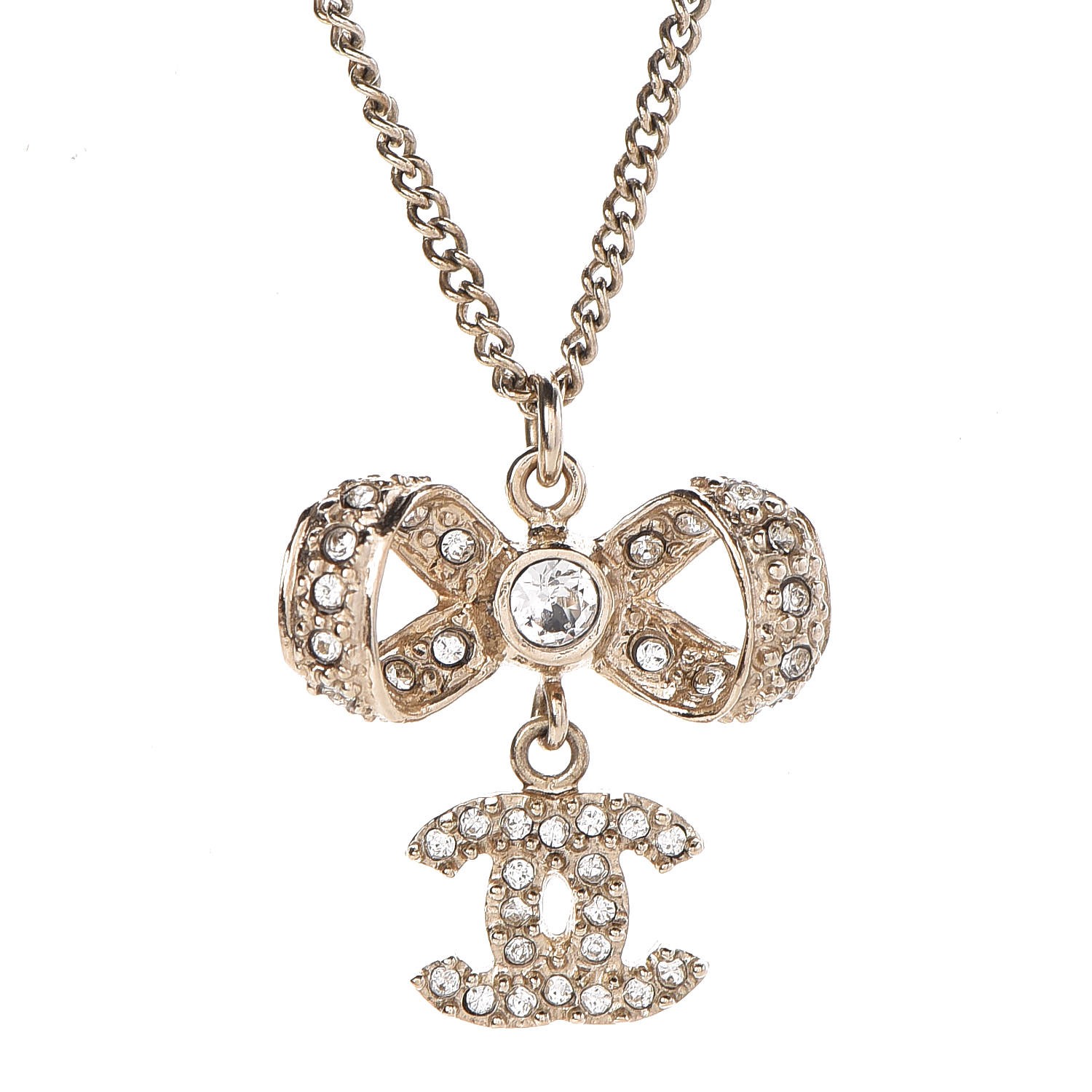 CHANEL Crystal CC Bow Necklace Gold 320477