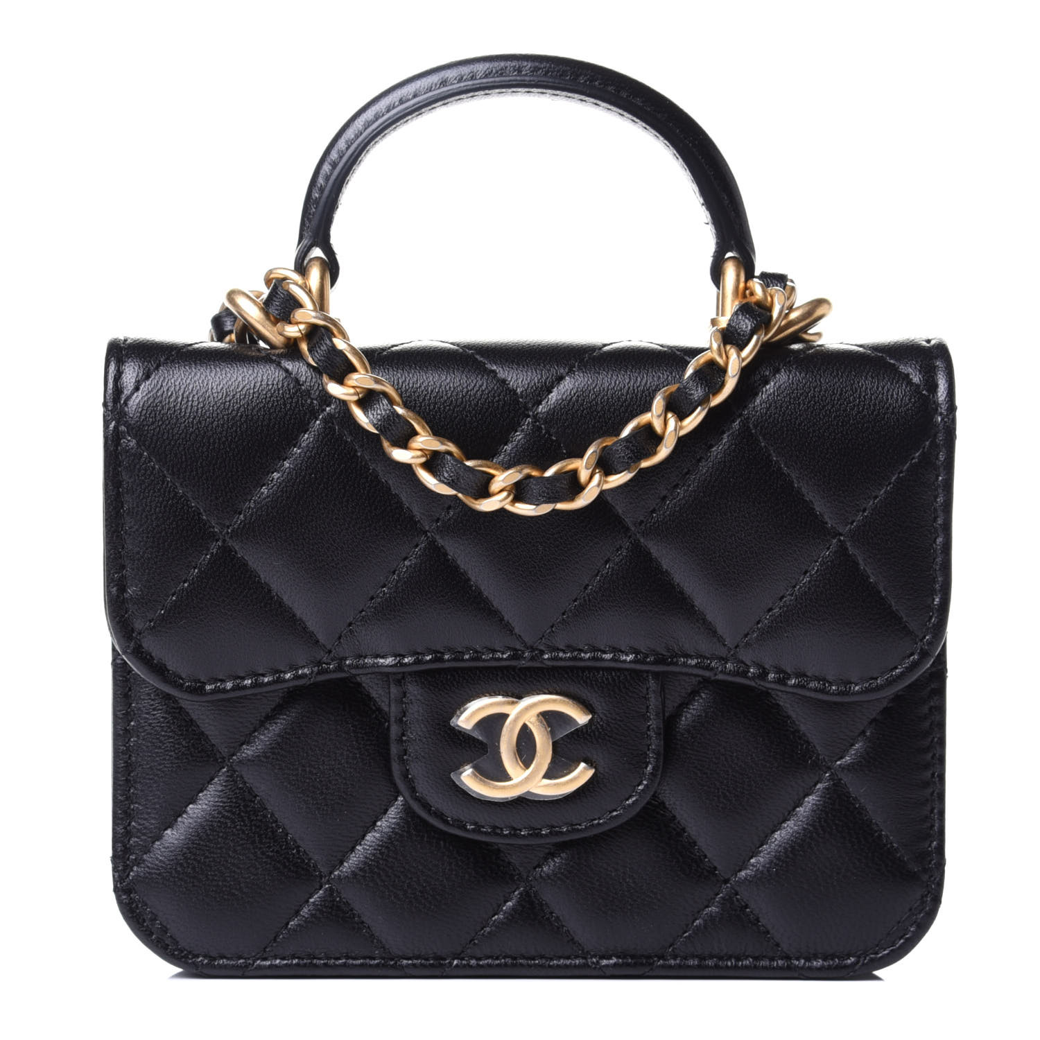 CHANEL Lambskin Quilted Top Handle Flap Coin Purse With Chain Black ...