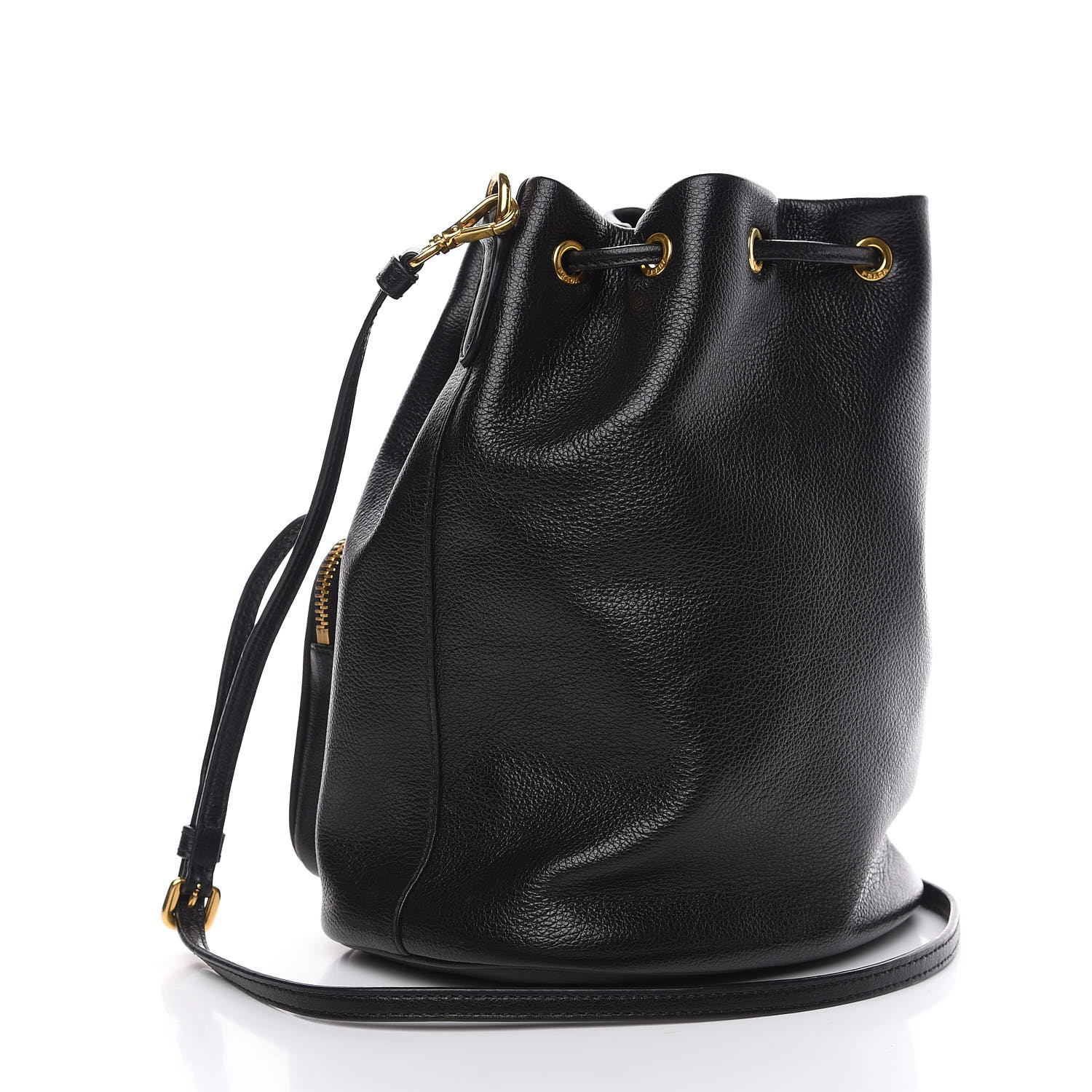 PRADA Glace Calfskin Embossed Secchiello Bucket Bag Black 534836