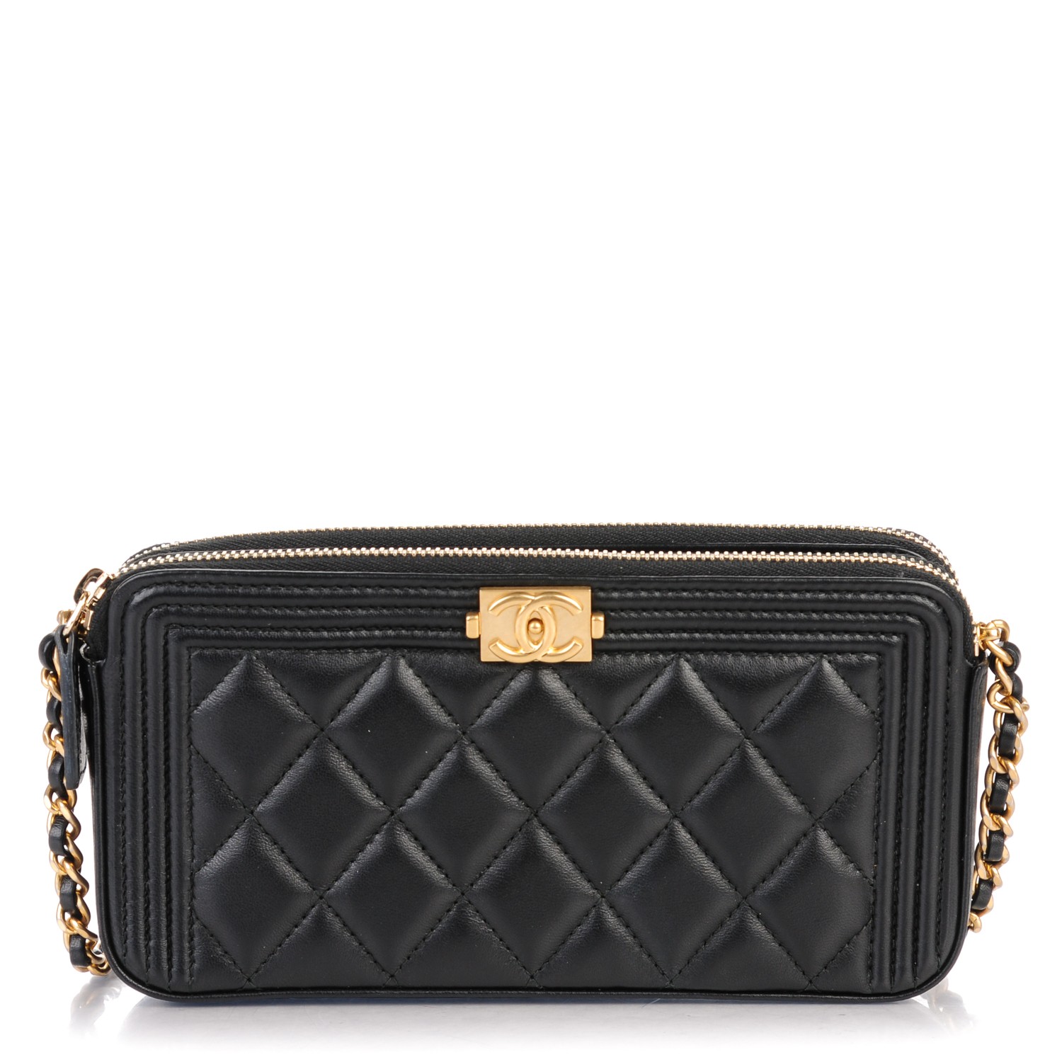 CHANEL Lambskin Quilted Small Boy Clutch With Chain Black 158804