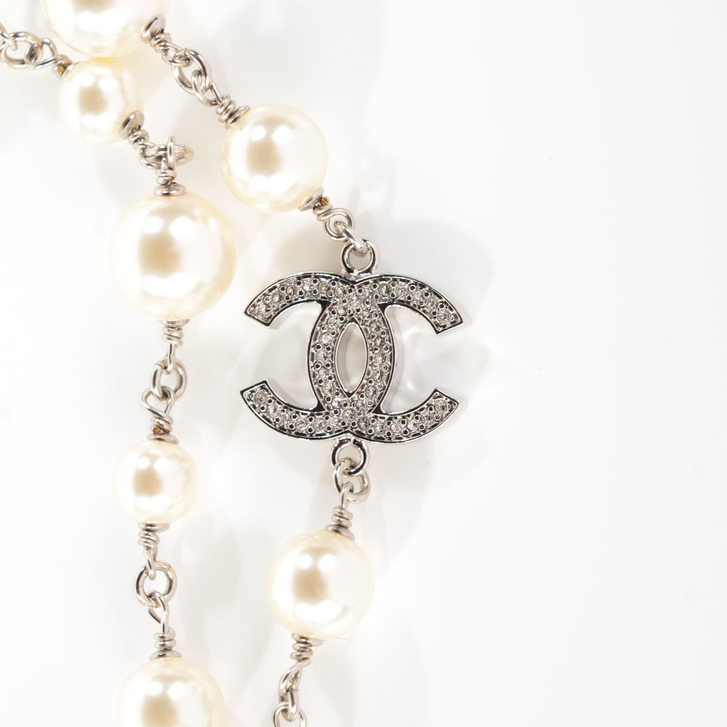 CHANEL Crystal Pearl CC Long Necklace Silver 123496