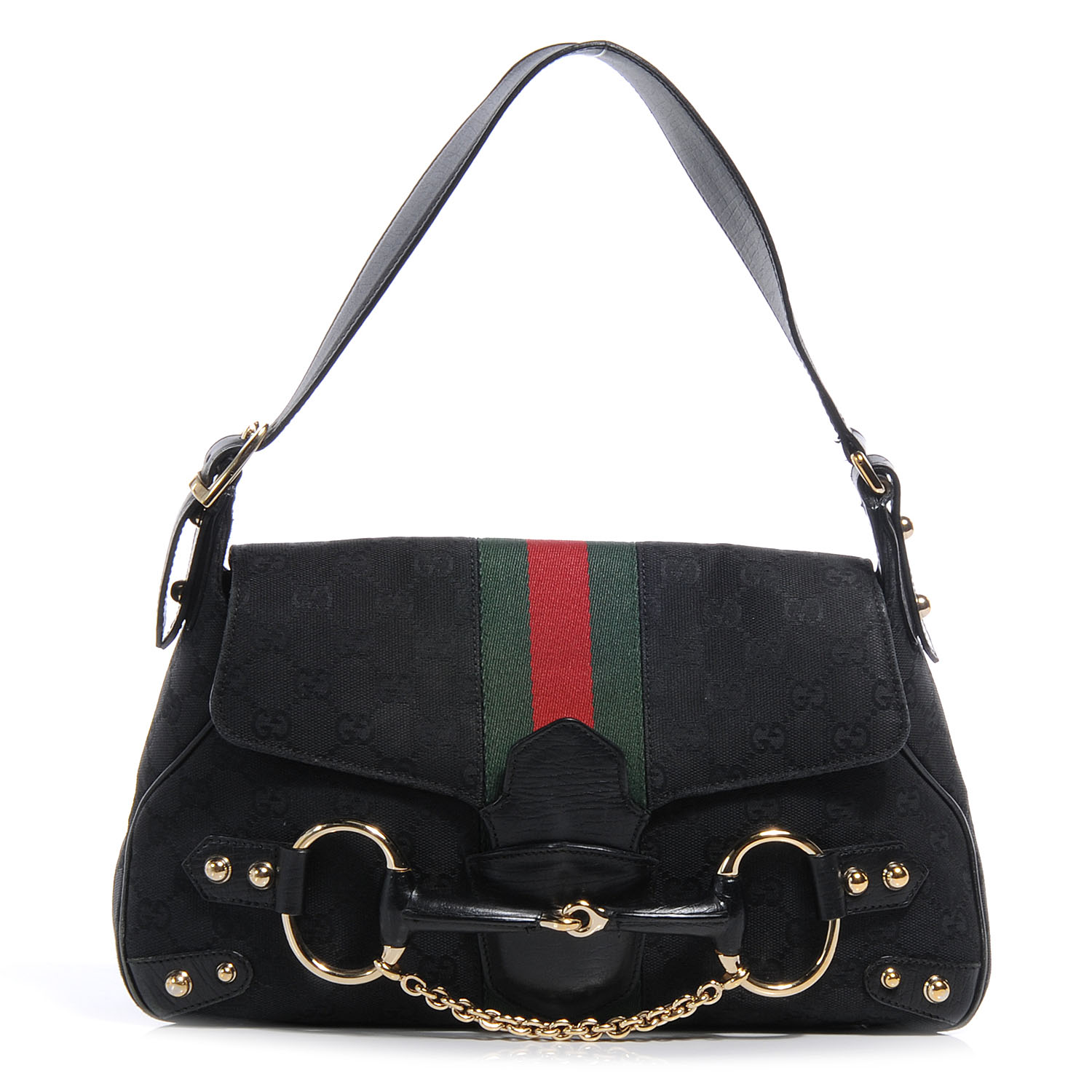 GUCCI Monogram Horsebit Web Flap Bag Black 55247