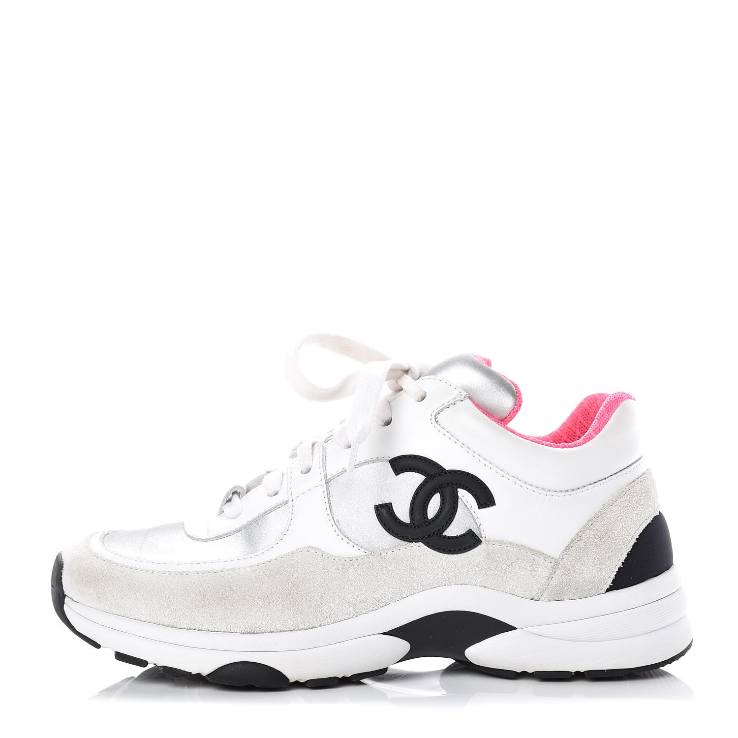 CHANEL Calfskin Fabric Sneakers 35 White Silver Fluo Pink 392847