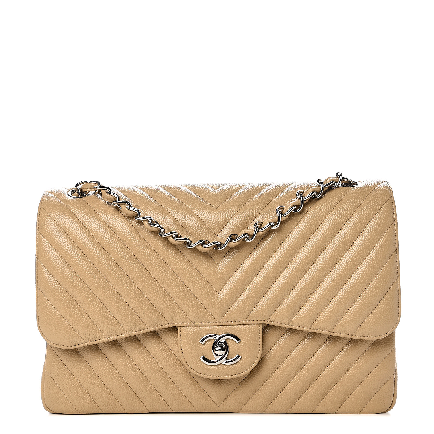 CHANEL Caviar Chevron Quilted Jumbo Double Flap Beige 540169