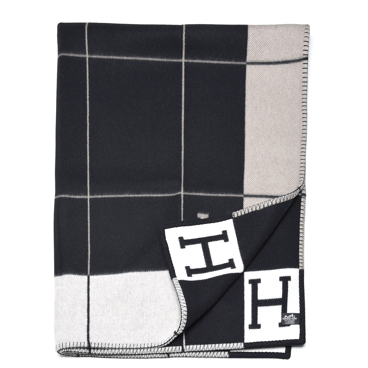 HERMES Wool Cashmere Avalon III Blanket Ecru Noir 500716