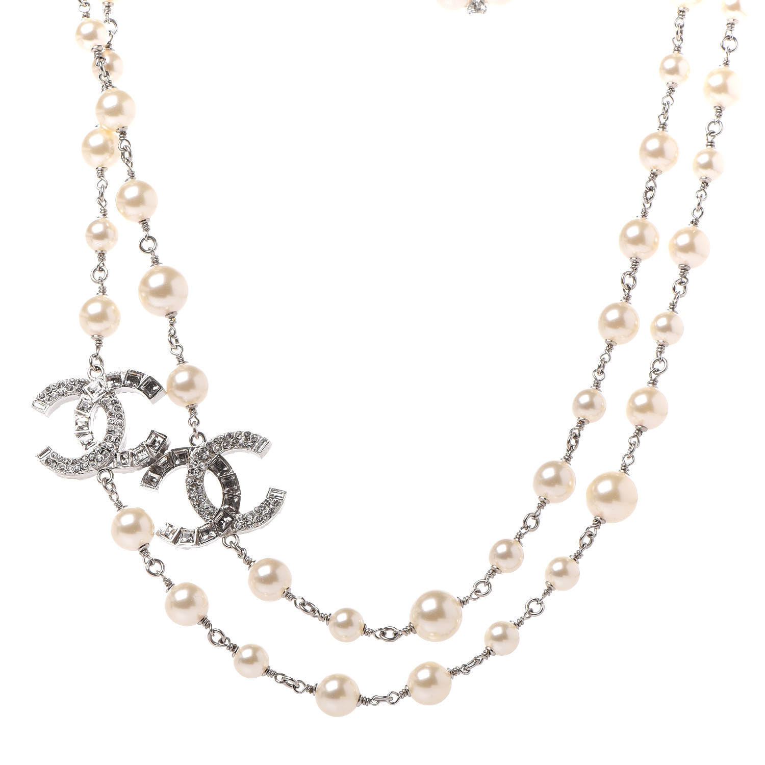 chanel crystal pearl cc long necklace silver