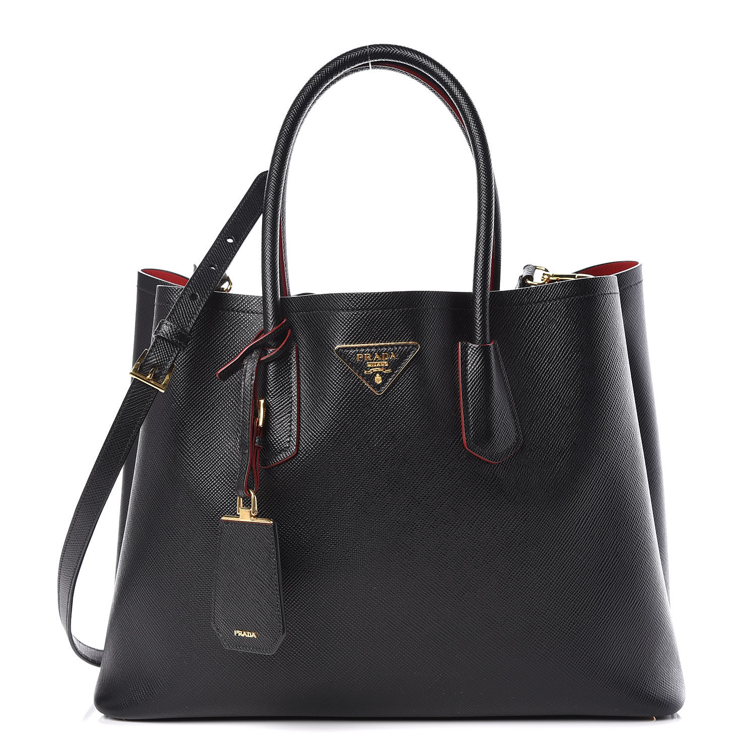 PRADA Saffiano Cuir Large Double Bag Black Fuoco 396191