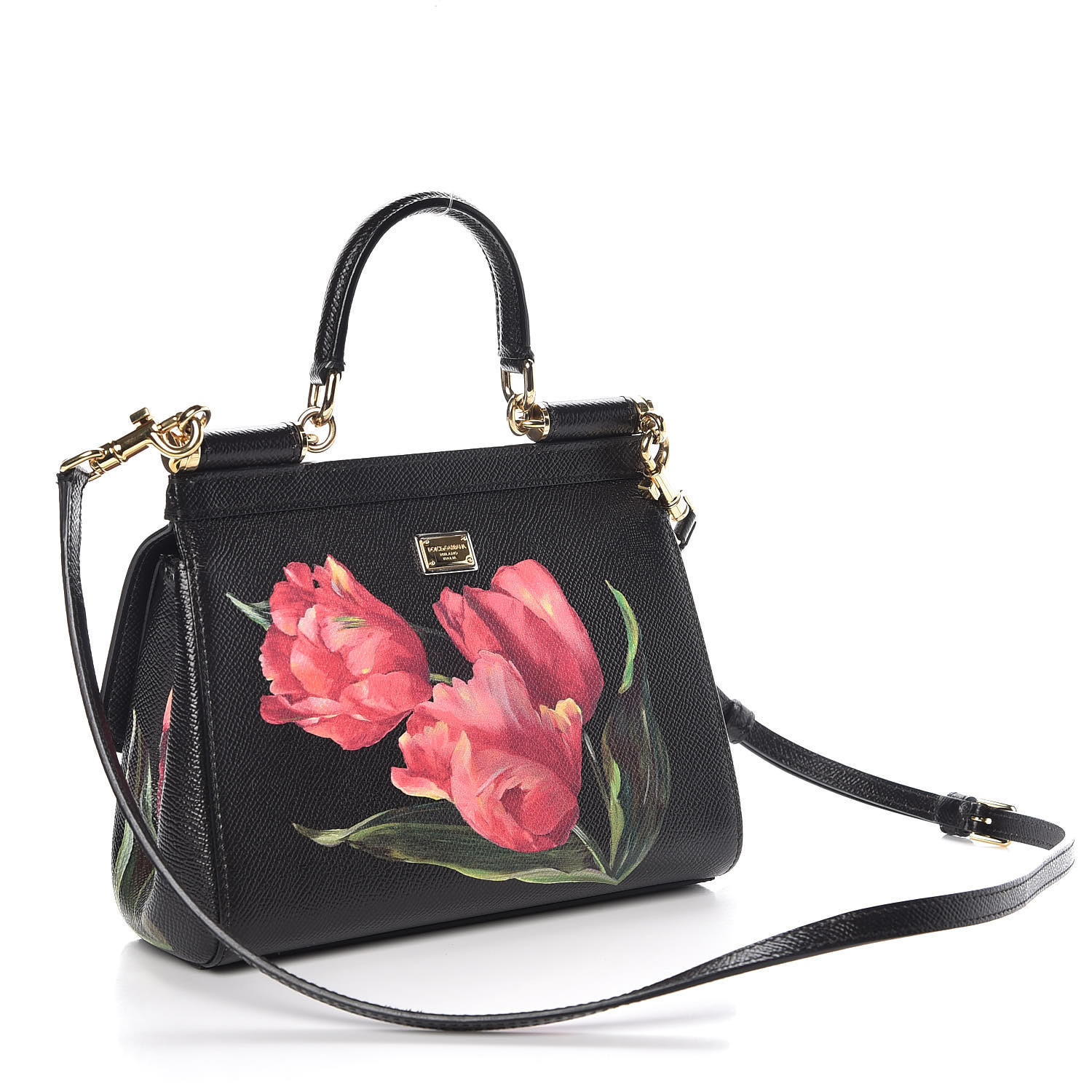 DOLCE & GABBANA Dauphine Tulip Print Small Miss Sicily Satchel Black 366873