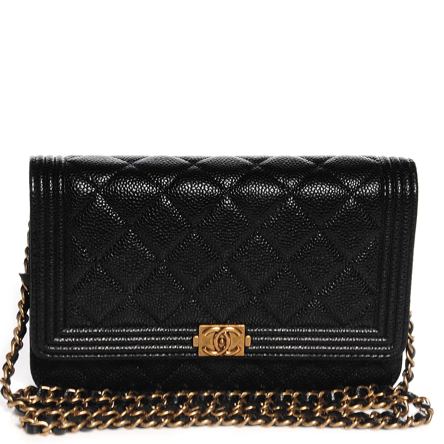 CHANEL Caviar Quilted Boy Wallet On Chain WOC Black 66832