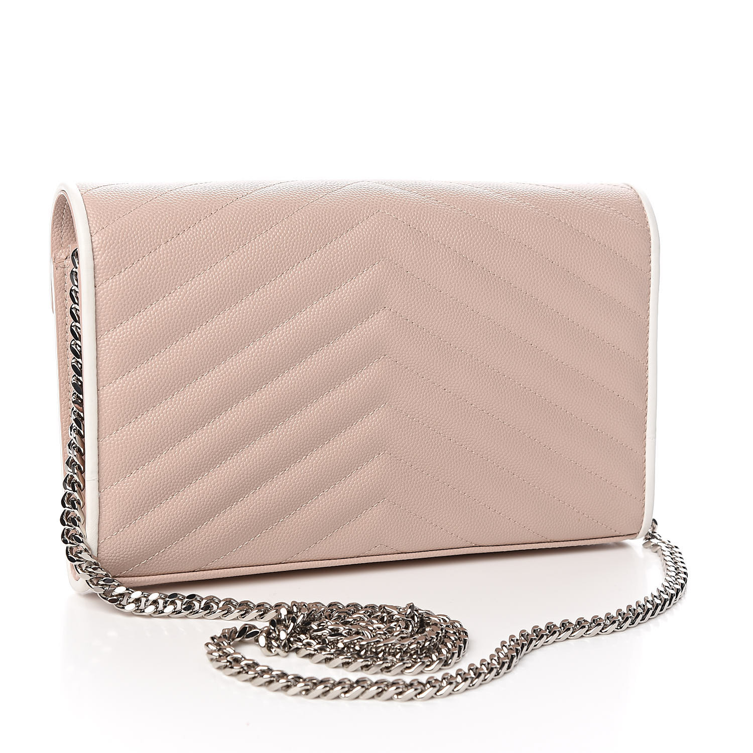 chain wallet in pink and white textured matelassé leather