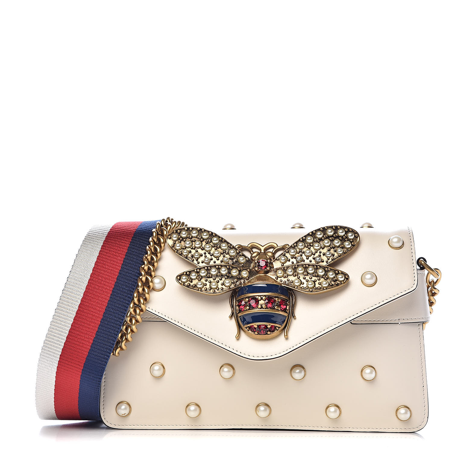 GUCCI Calfskin Pearl Studded Mini Broadway Bee Shoulder Bag White 501839