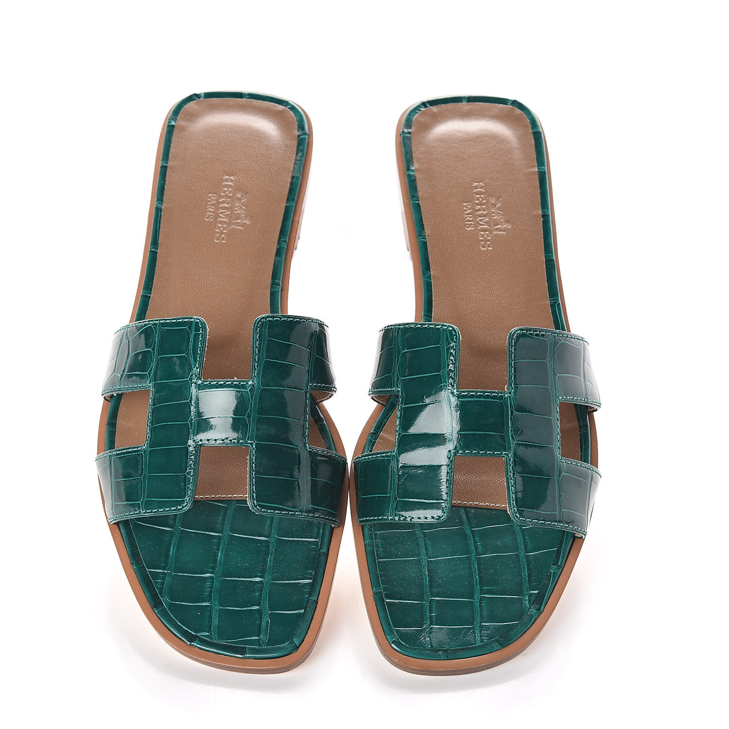 HERMES Shiny Alligator Oran Sandals 36 Emeraude 500760