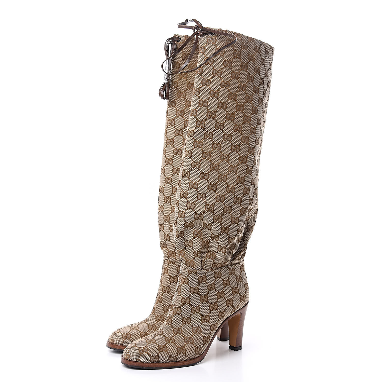 GUCCI Monogram Lisa Mid Heel Boots 37.5 Beige Ebony 500013 | FASHIONPHILE