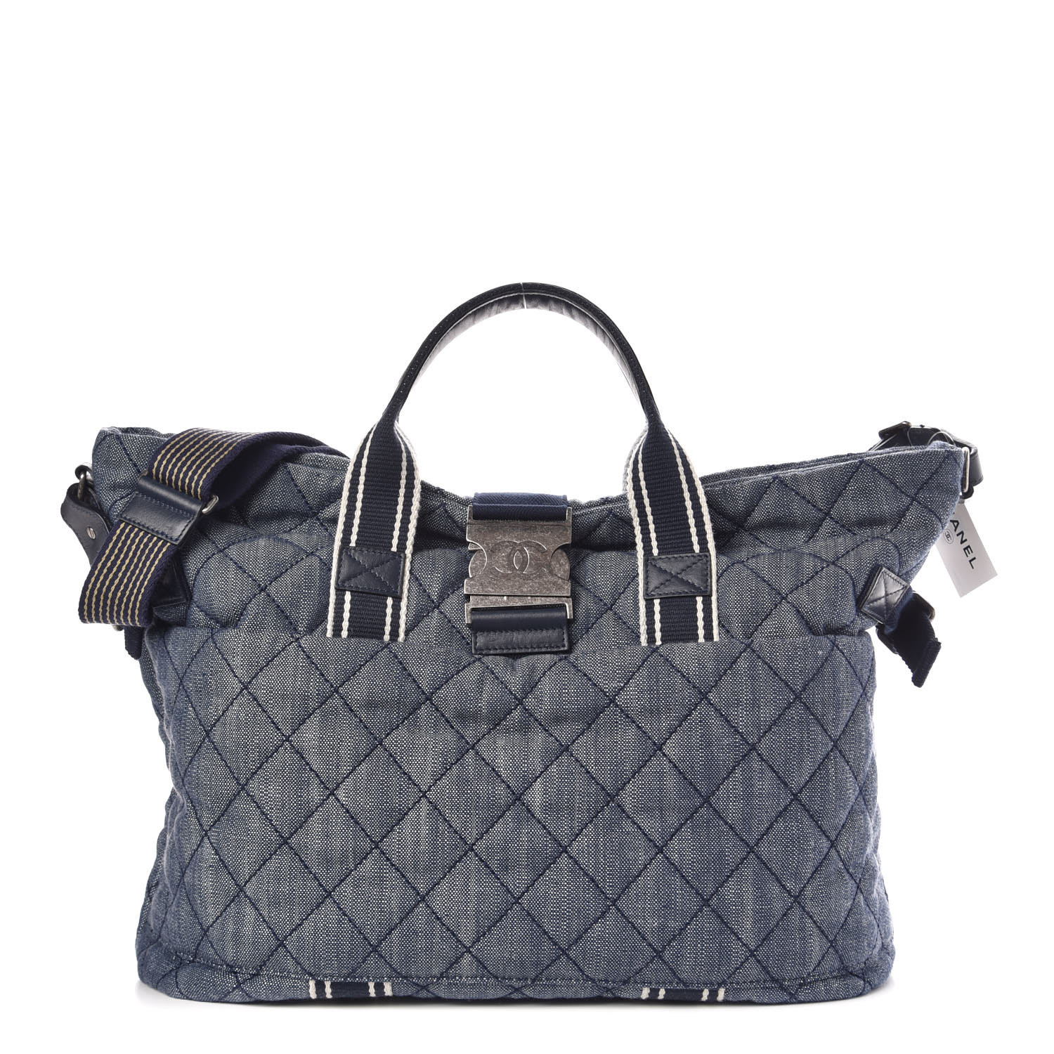 CHANEL Denim Quilted Large Shopping Bag Navy White 365871