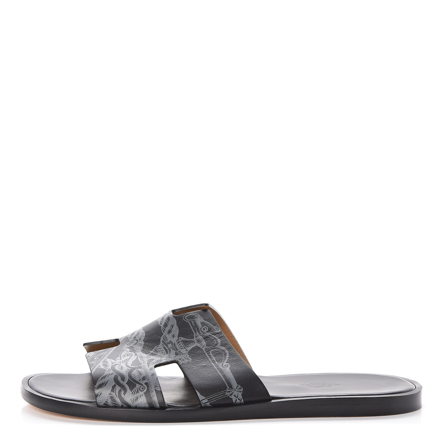 HERMES Calfskin Mens Della Cavalleria Print Izmir Sandals 43 5 Black