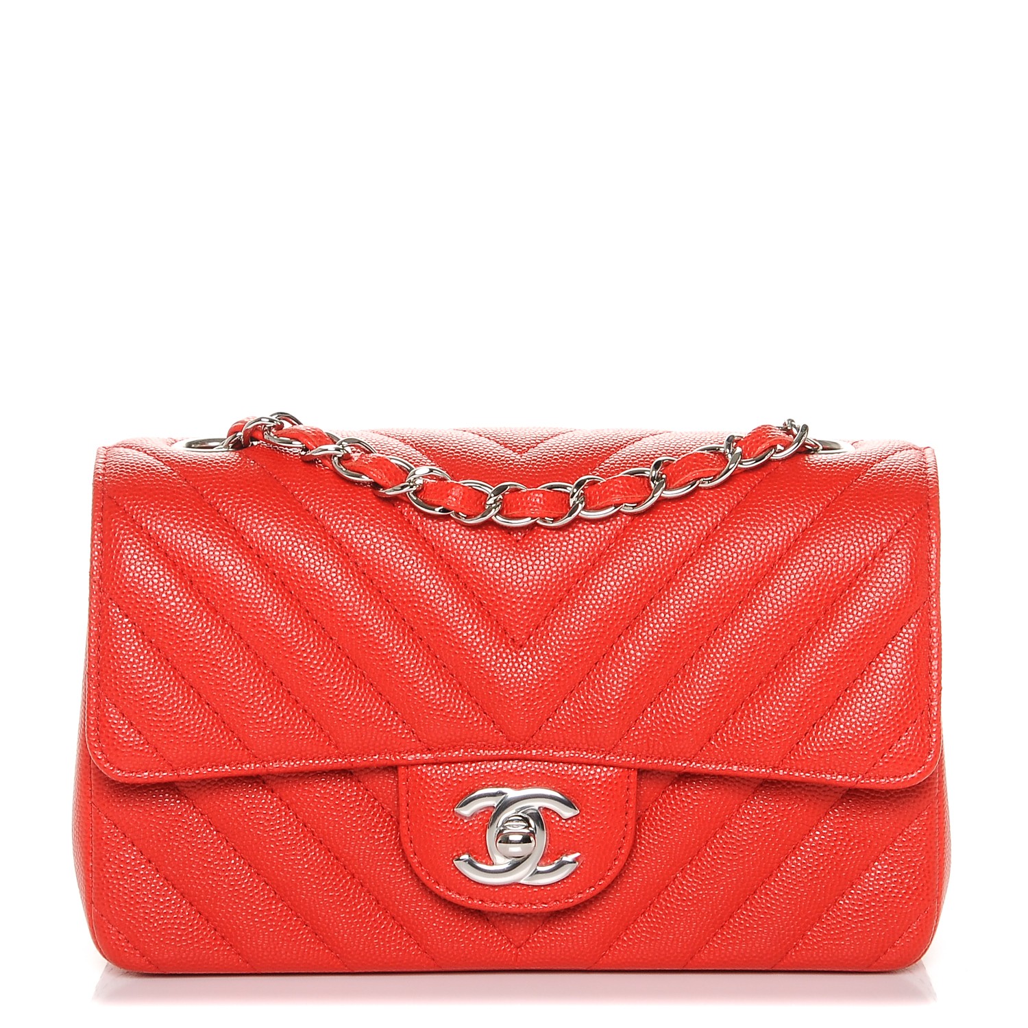 CHANEL Caviar Chevron Quilted Mini Rectangular Flap Red 192339