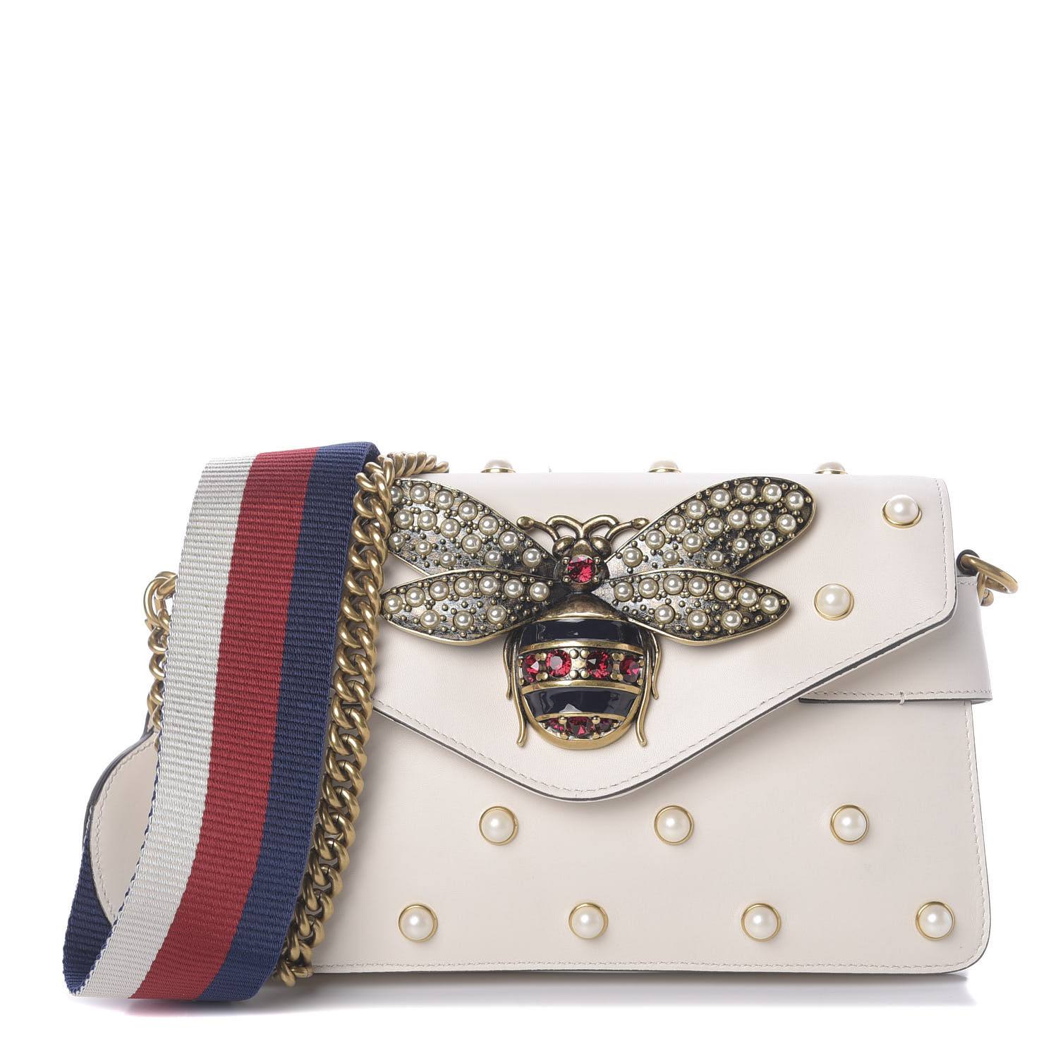 GUCCI Calfskin Pearl Studded Mini Broadway Bee Shoulder Bag White 629602