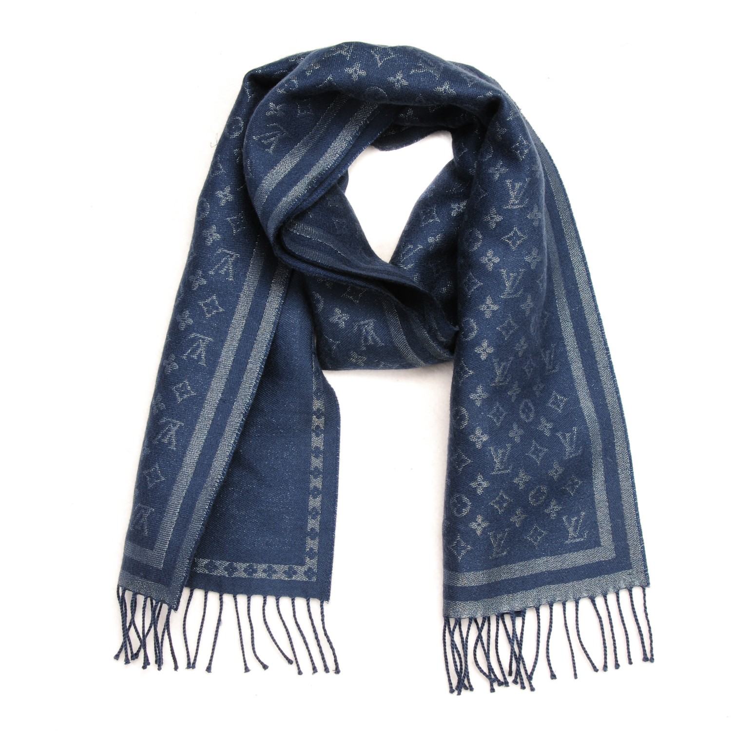 LOUIS VUITTON Wool Cashmere Lurex Monogram Scarf Blue 159051