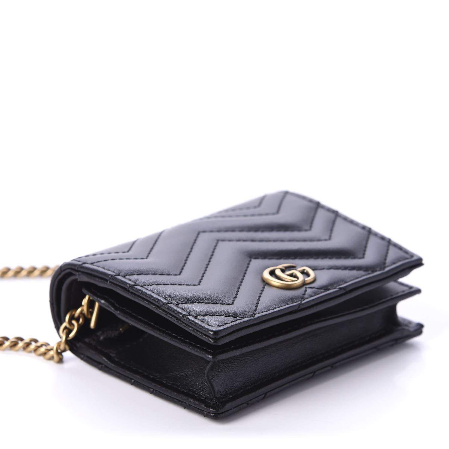 GUCCI Calfskin Matelasse GG Marmont Mini Wallet On Chain Black 601842