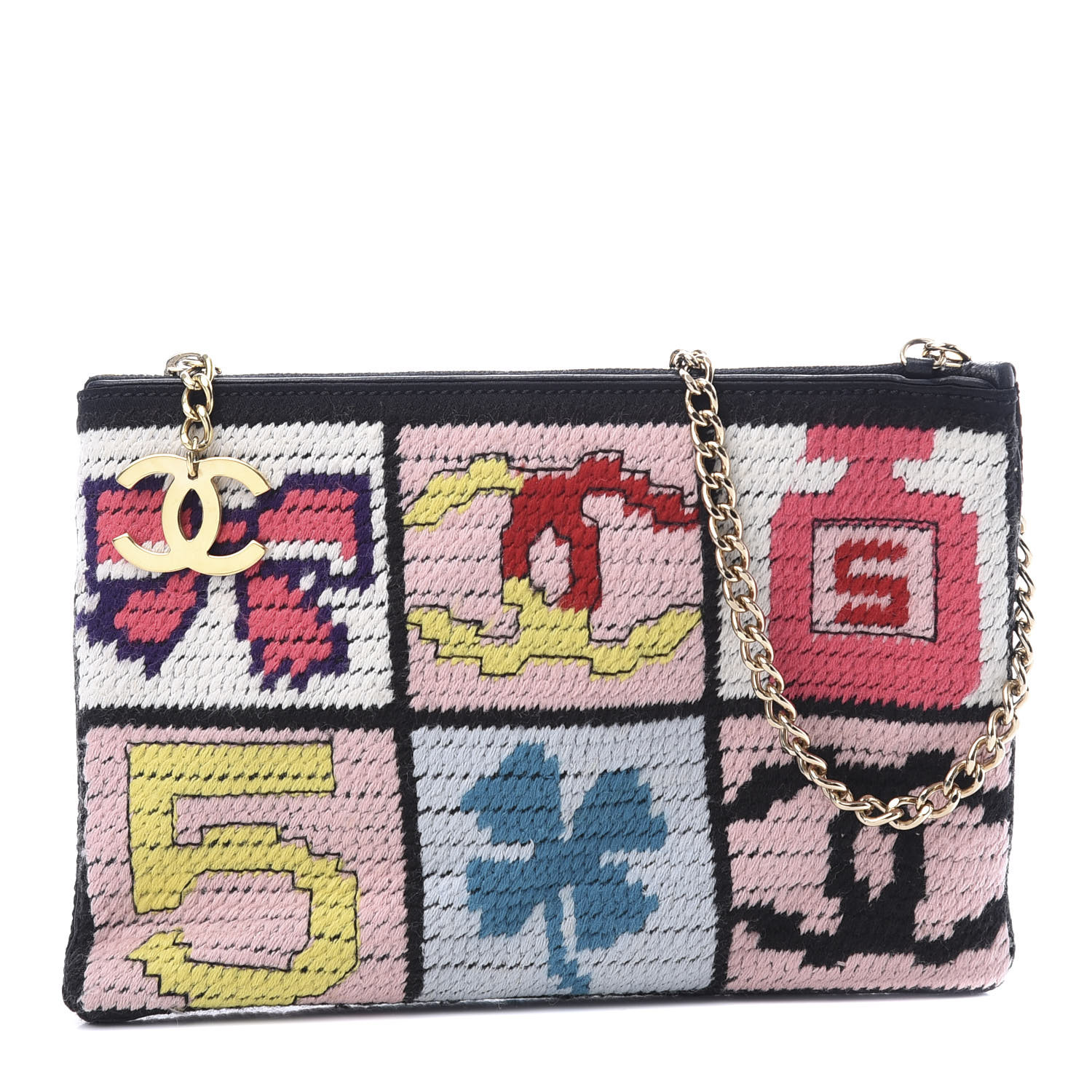 CHANEL Needlepoint Precious Symbols Clutch Shoulder Bag Black 559854 ...